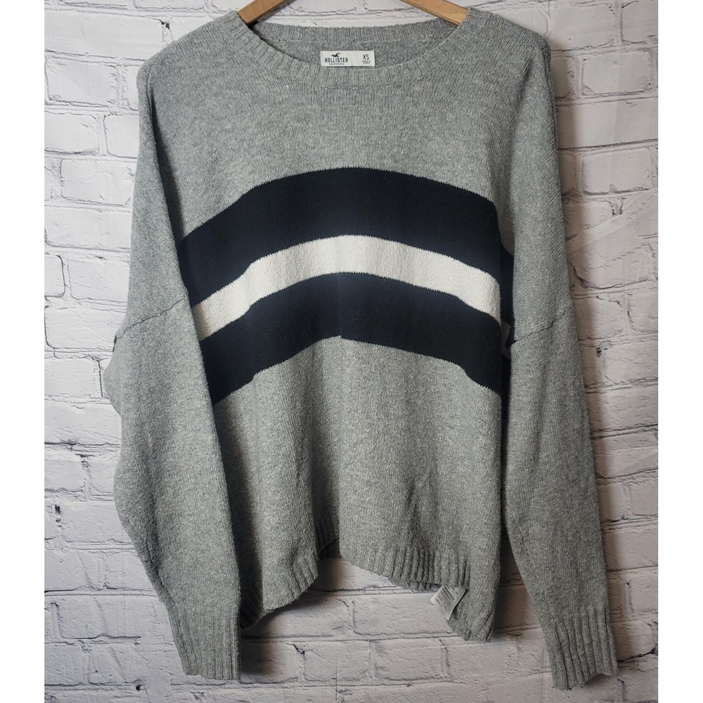 Hollister Sweater Womens XS Gray Navy Stripe Knit Crewneck‎ Pullover Relaxed